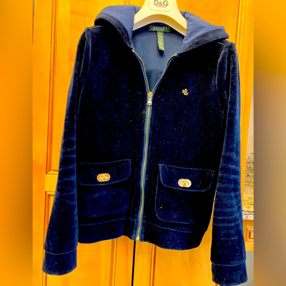 Ralph Lauren Velour Logo Hoodie Size Small Navy Blue Gold details Full Zip